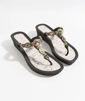 Black Jewelled Pool Sandal with Wedge Heel