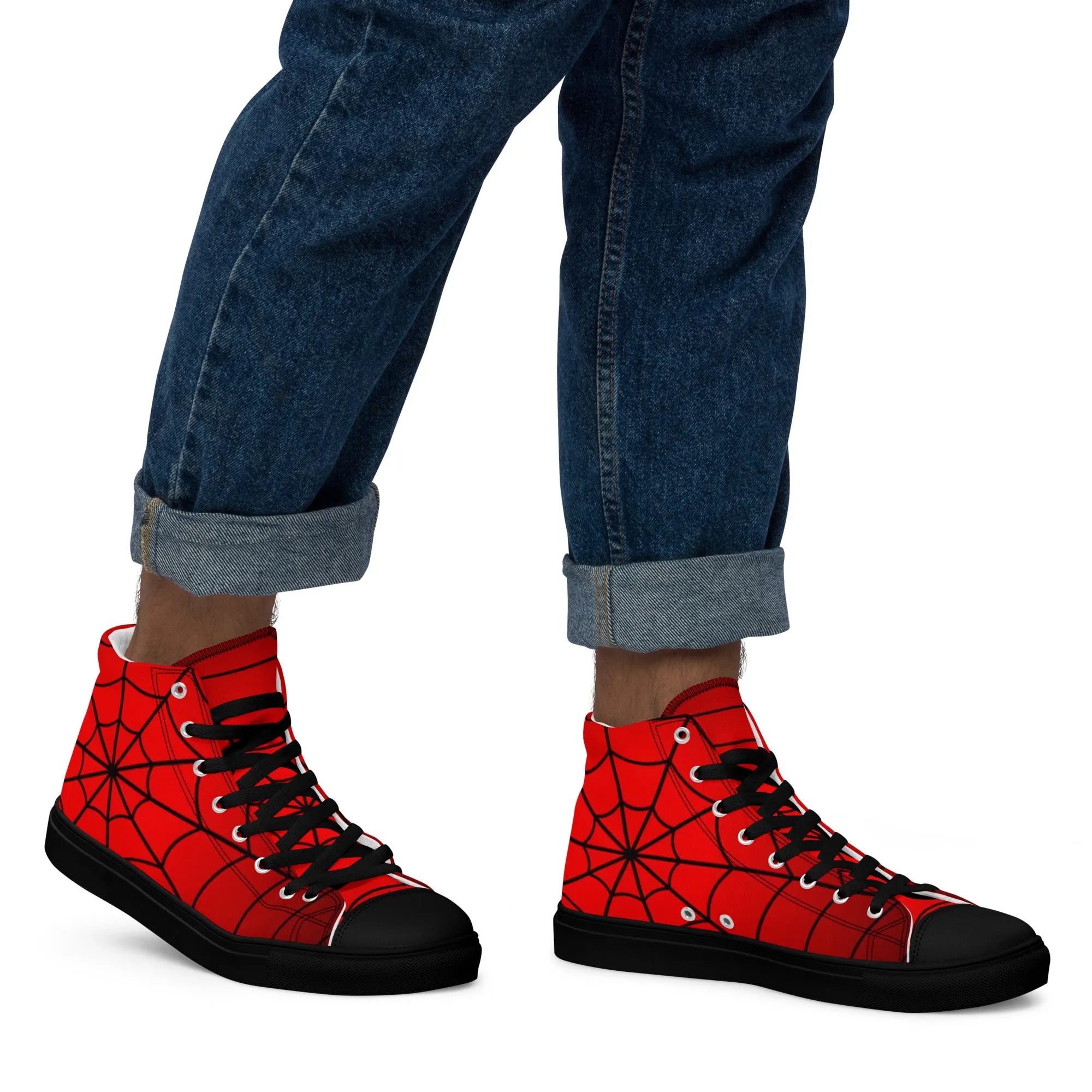 Crimson Spider Web Men’s High Top Canvas Shoes