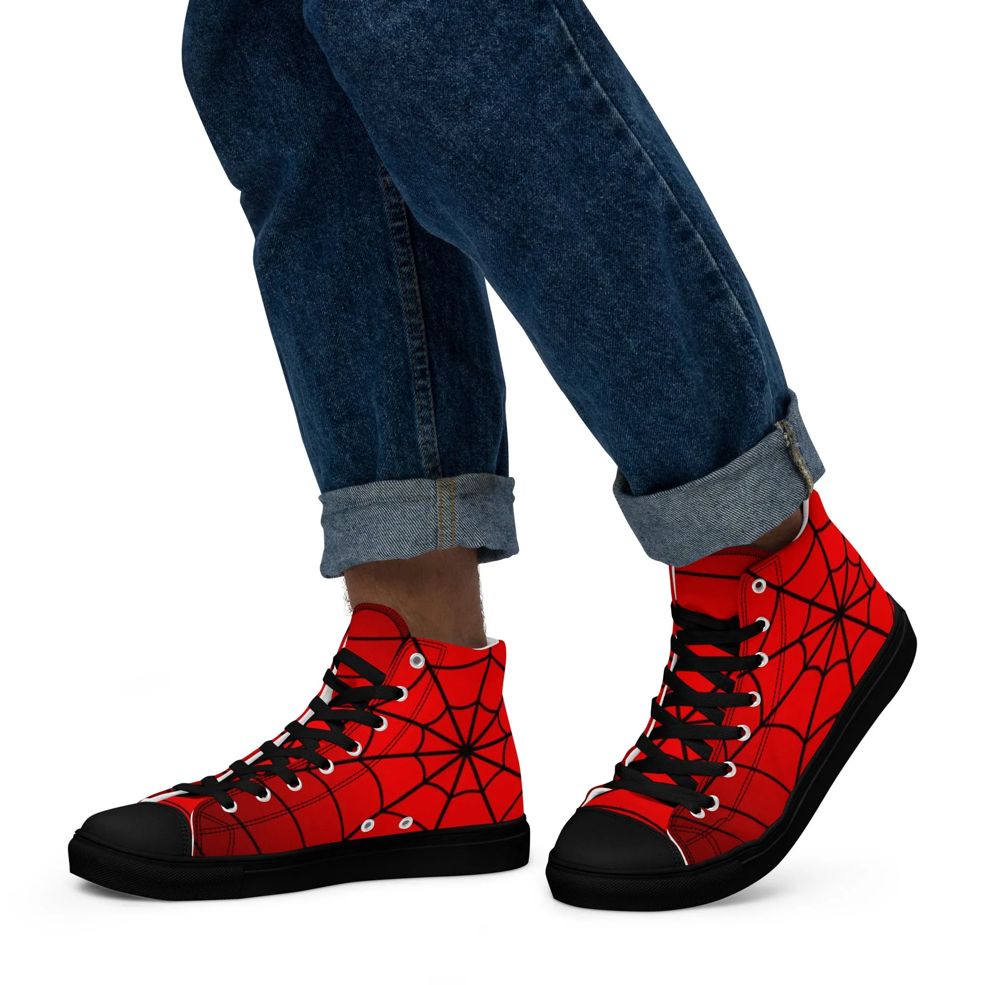 Crimson Spider Web Men’s High Top Canvas Shoes