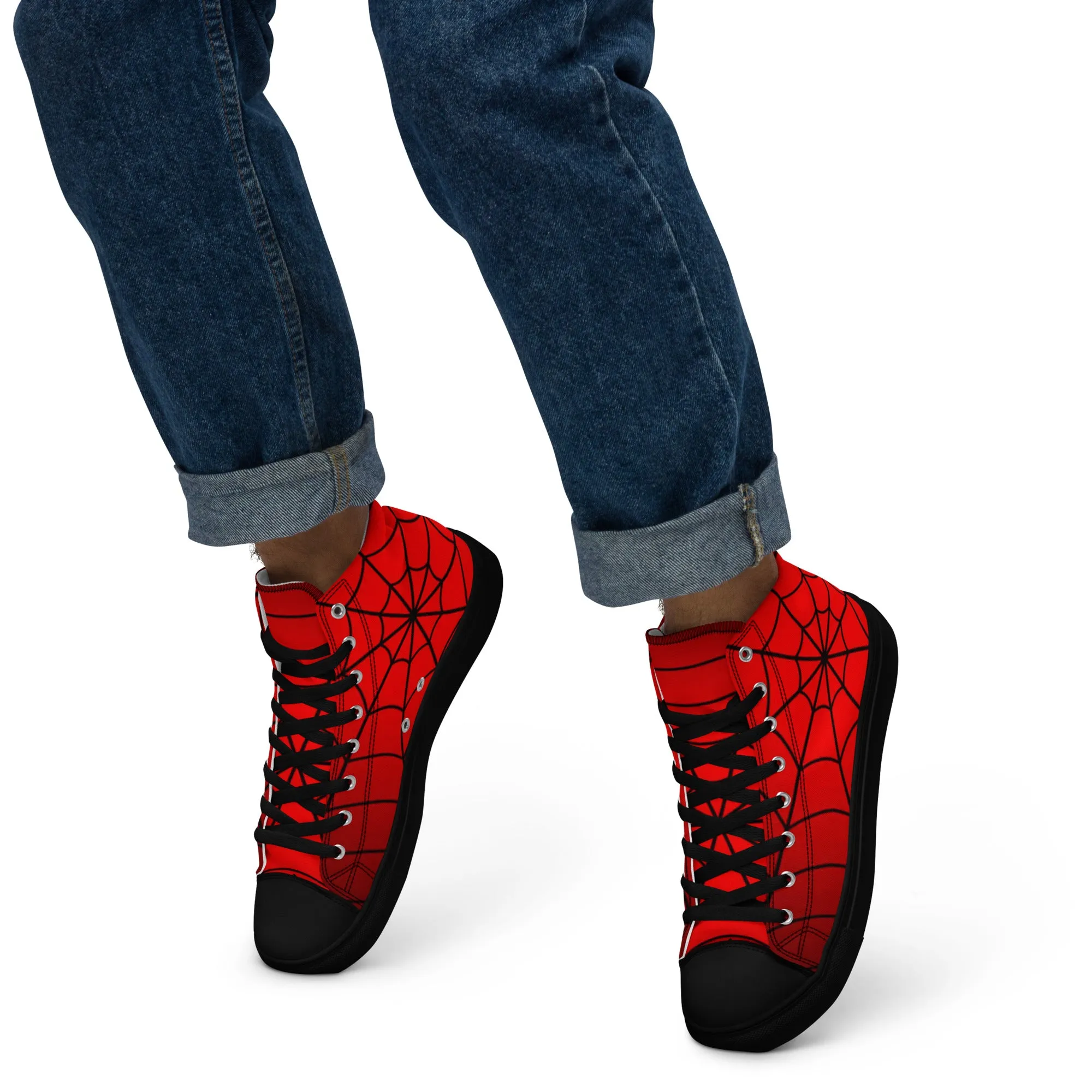 Crimson Spider Web Men’s High Top Canvas Shoes