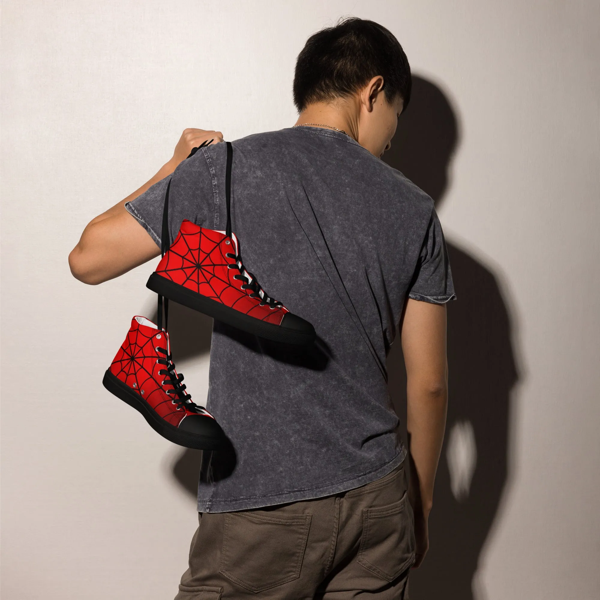 Crimson Spider Web Men’s High Top Canvas Shoes