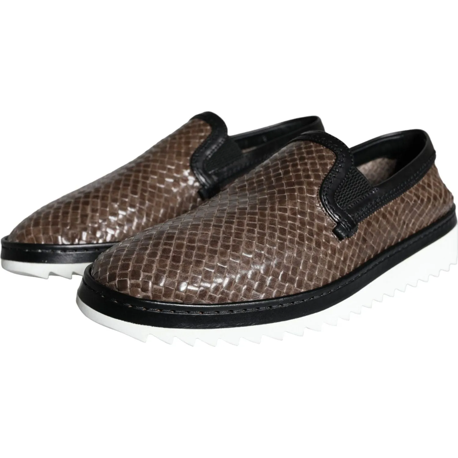 Dolce & Gabbana Brown Black Leather Weaved Men Loafers Shoes