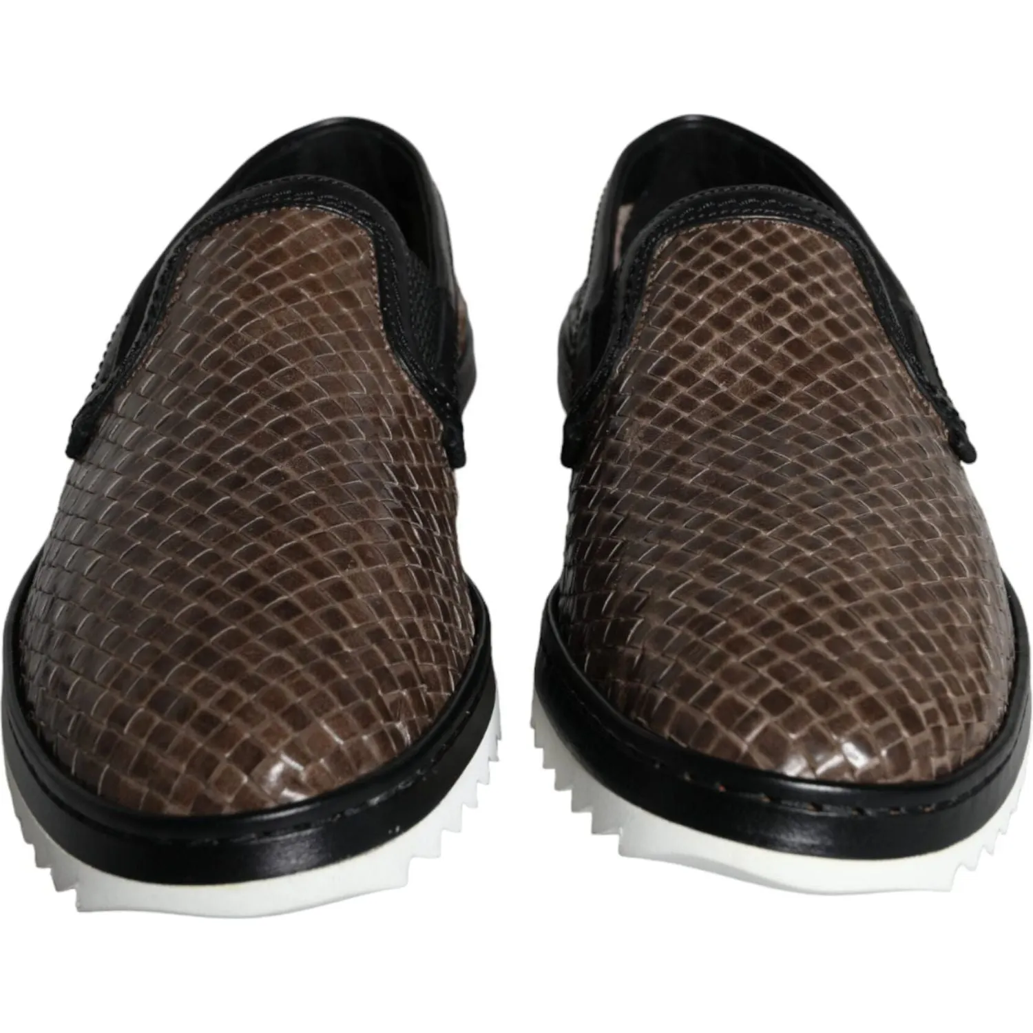 Dolce & Gabbana Brown Black Leather Weaved Men Loafers Shoes