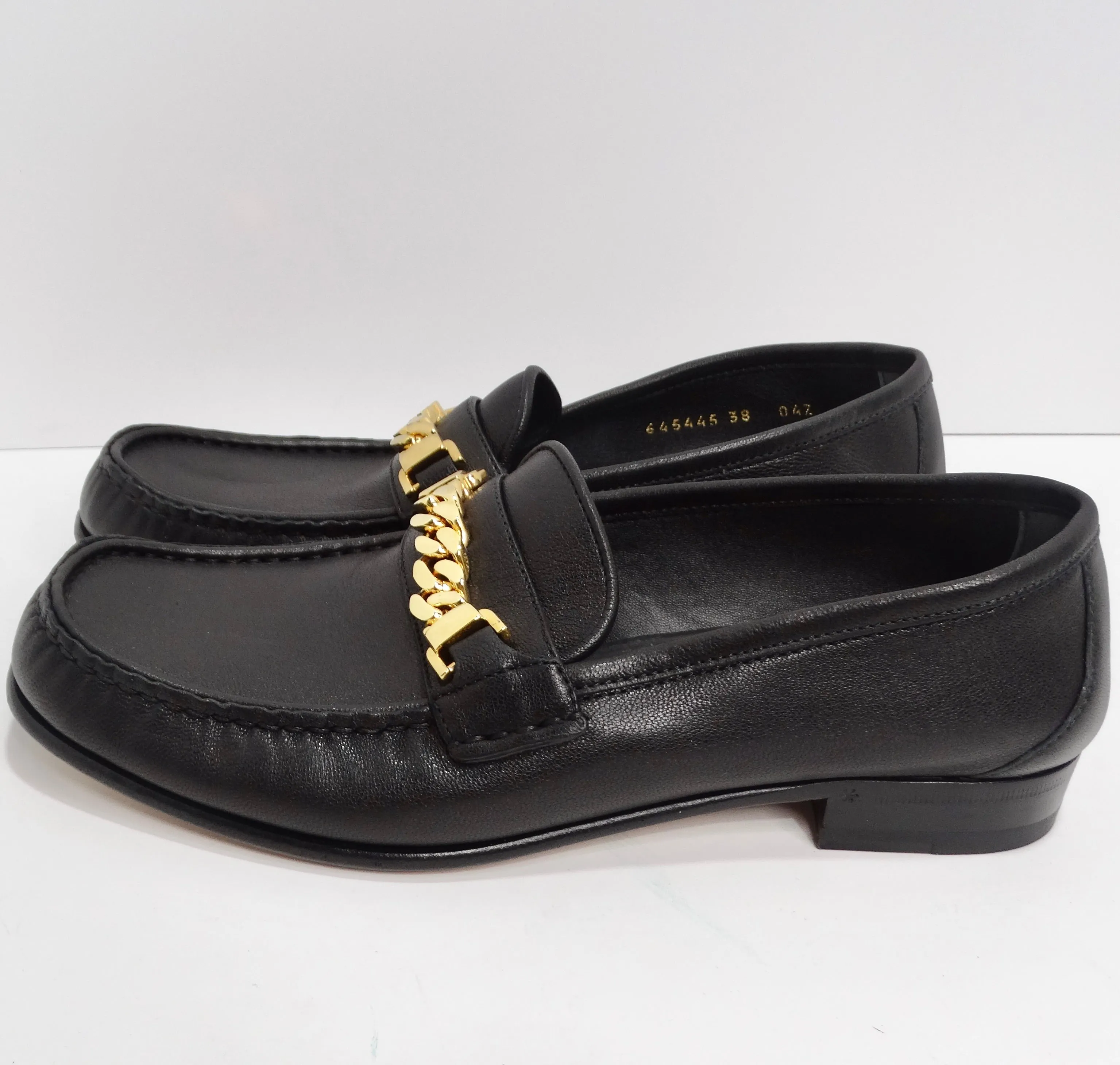 Gucci Sylvie Gold Tone Chain Loafers Black Leather