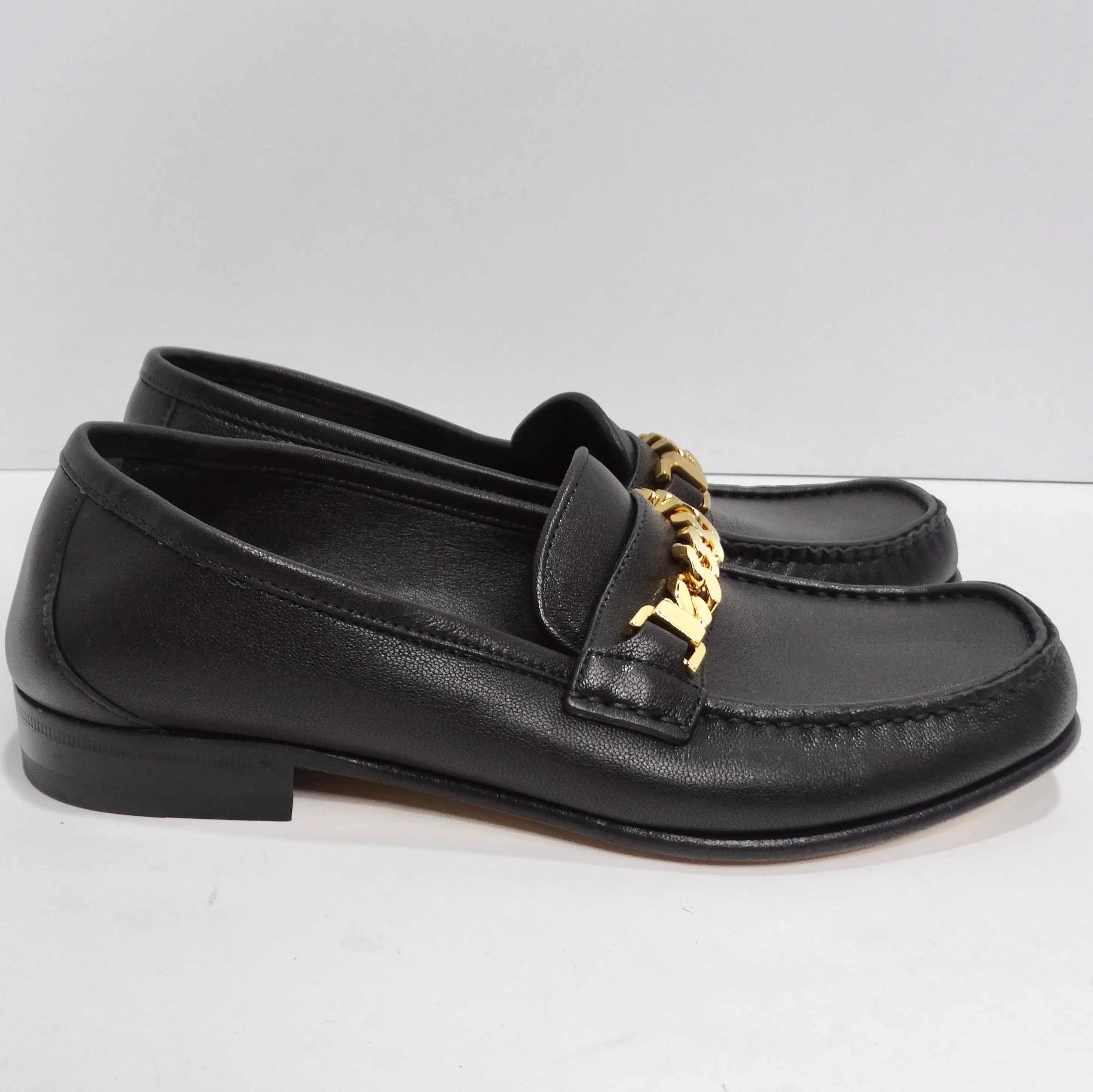 Gucci Sylvie Gold Tone Chain Loafers Black Leather