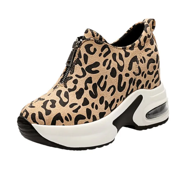 Hidden Heel Casual Platform Shoes Woman Sneakers Suede Slip on Shoes Women Height Increasing Flock Leopard Print Wedges Shoes