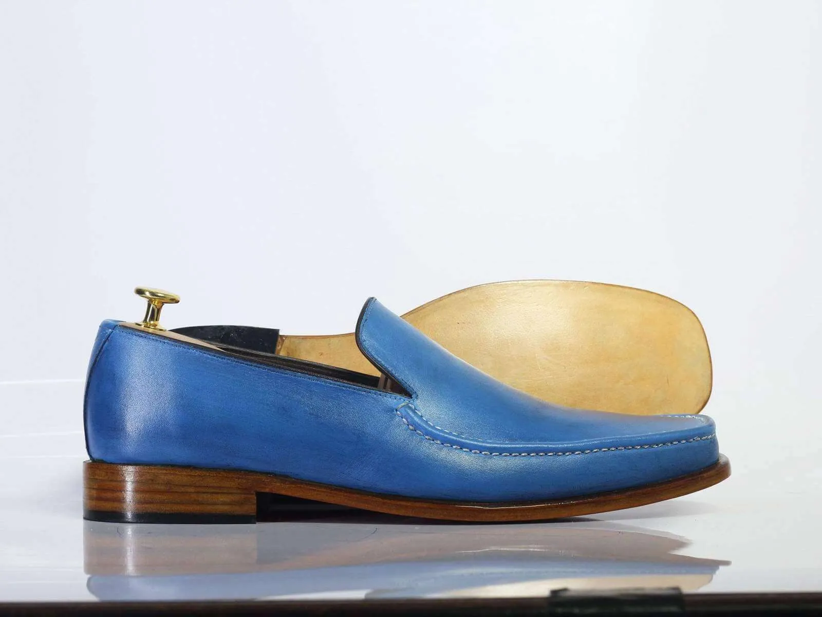 New Stylish Handmade Men's Plain Elegant Party Blue Leather Loafers, Men Designer Moccasin Shoes