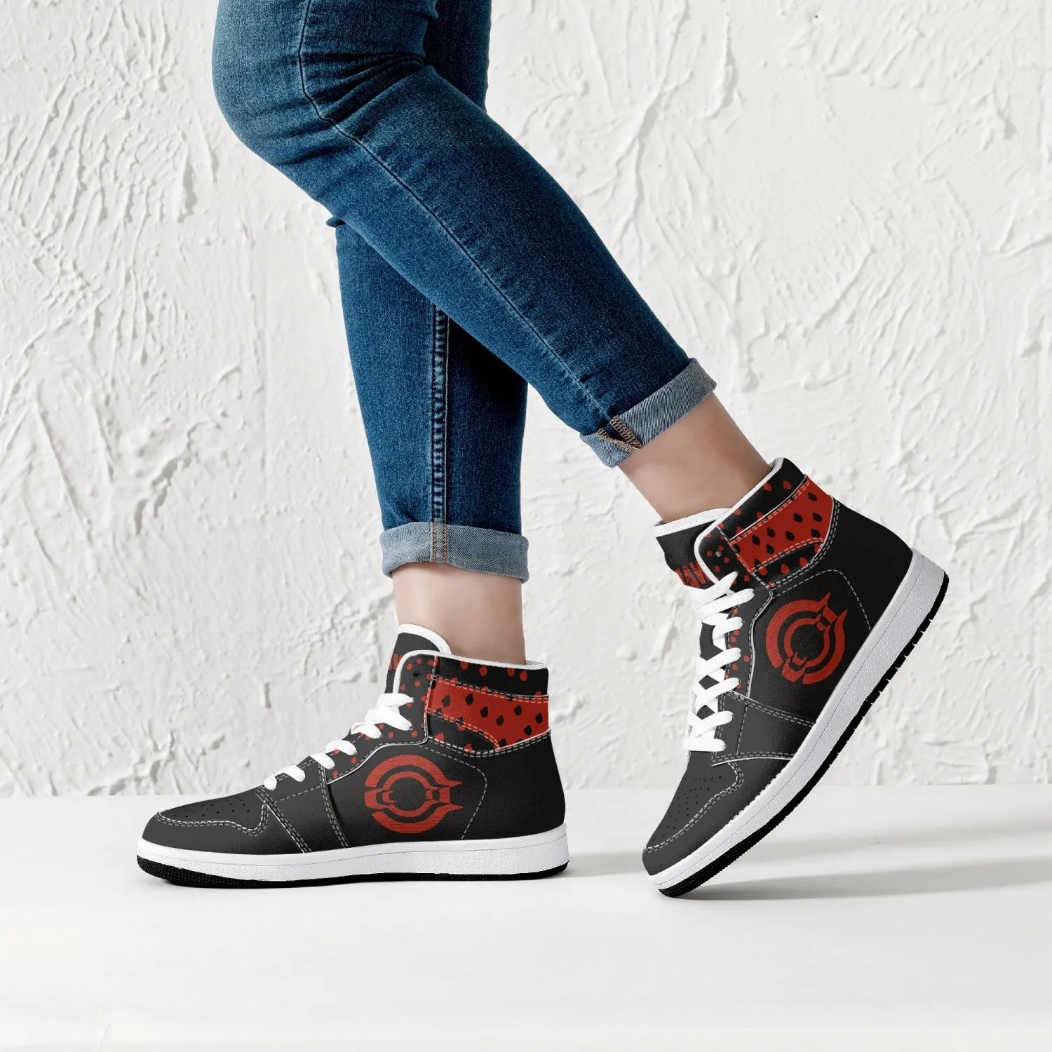 OOTAMAWAE Original Brand High-Top Leather Sneakers - Black $ Red Dots