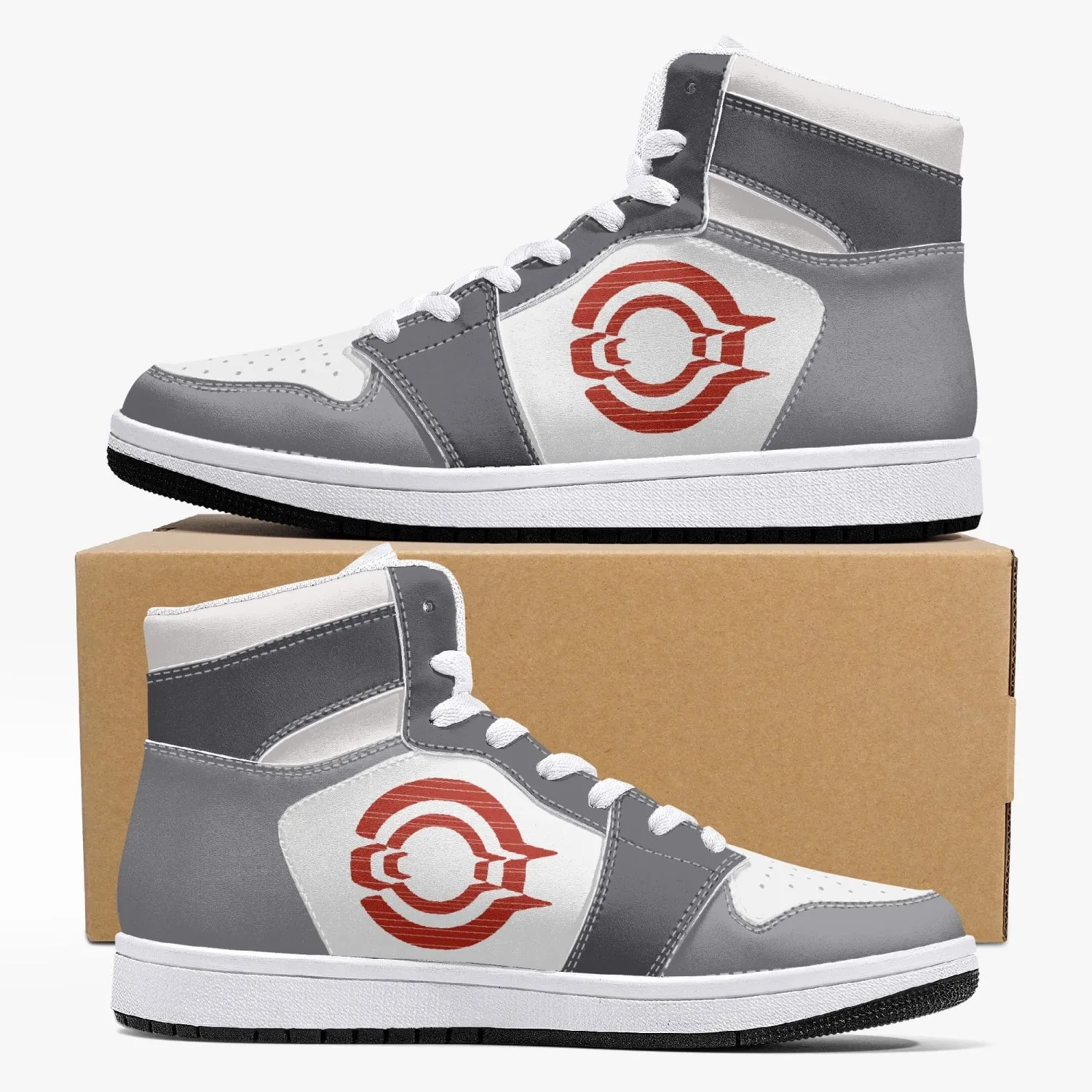 OOTAMAWAE Original Brand High-Top Leather Sneakers - Grey Red Logo