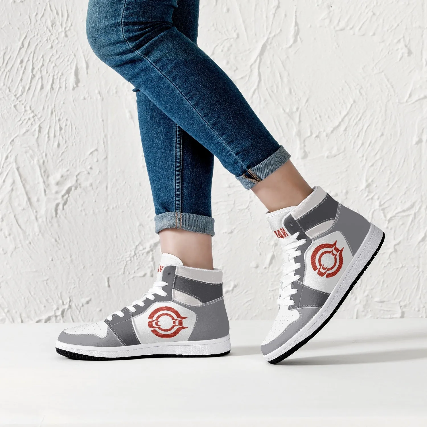 OOTAMAWAE Original Brand High-Top Leather Sneakers - Grey Red Logo