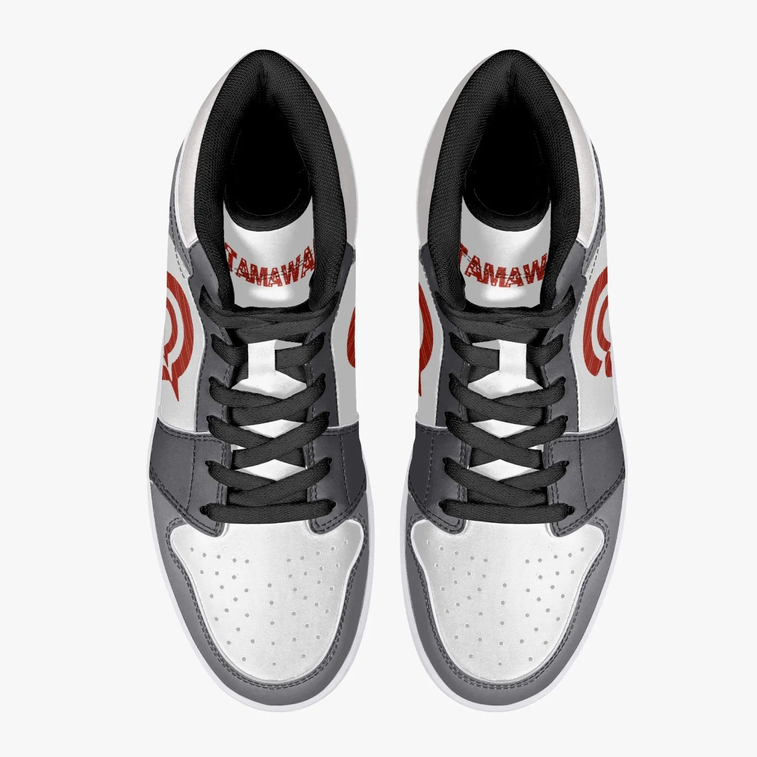 OOTAMAWAE Original Brand High-Top Leather Sneakers - Grey Red Logo