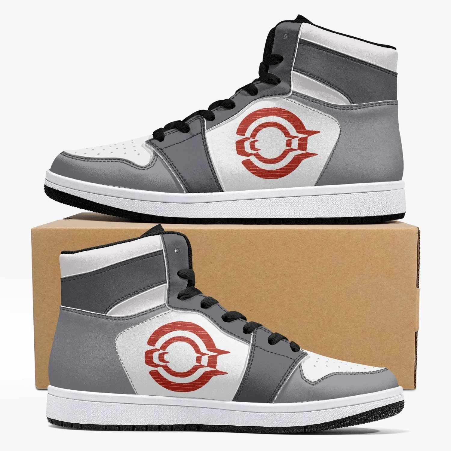 OOTAMAWAE Original Brand High-Top Leather Sneakers - Grey Red Logo