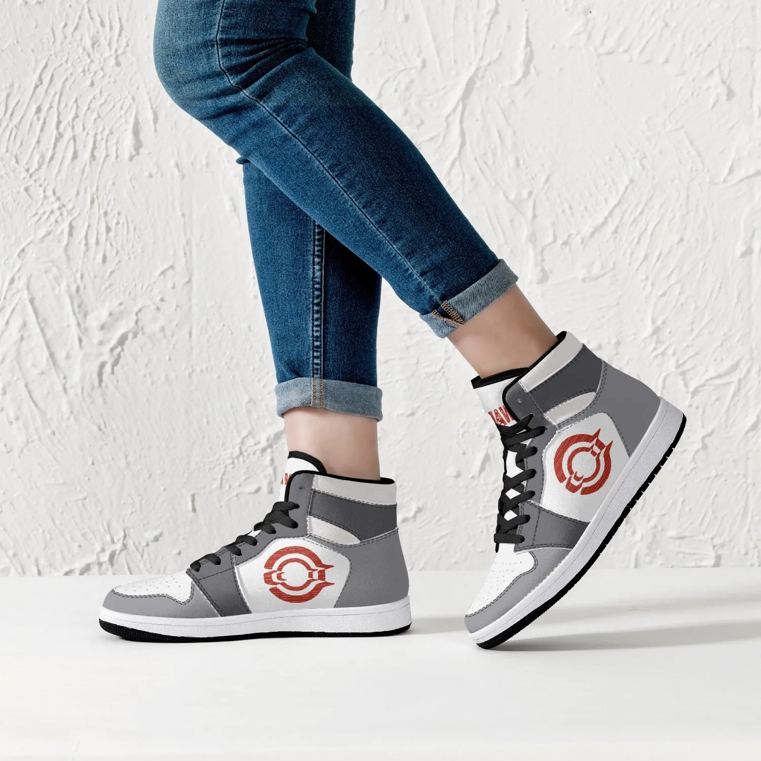 OOTAMAWAE Original Brand High-Top Leather Sneakers - Grey Red Logo